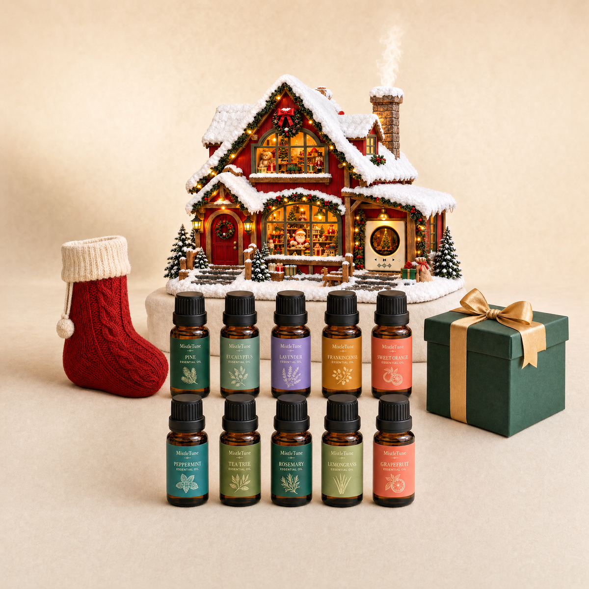 Complete Christmas Bundle: house with vinyl player, ten oils, mystery gift and mystery stocking